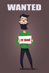 Cartoon IT specialist holding sign.