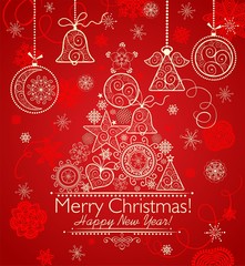 Naklejka premium Decorative Christmas greeting red card with golden hanging lacy decoration and xmas tree