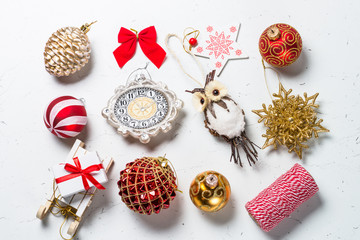 Christmas decorations on white.