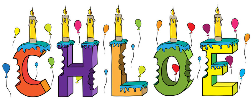 Chloe first name bitten colorful 3d lettering birthday cake with candles and balloons