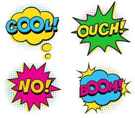 Retro colorful comic speech bubbles set with halftone shadows on white background. Expression text OUCH, NO, HELLO, BOOM, COOL. Vector illustration, pop art style.