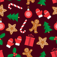 Stoffe zum Nähen Nahtlose Muster von Weihnachten und Neujahr Symbolen. Lebkuchenmann, Süßigkeiten, Geschenk, Kugel Weihnachtsbaum, Mistel, Handschuhe Muster auf braunem Hintergrund. Vektor-Illustration.