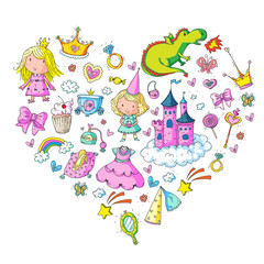 Cute princess Icons set with unicorn, dragon Girl wallpaper Baby shower Invitation Kindergarten, preschool, nursery, birthday, school party