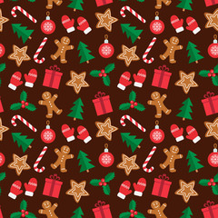 Seamless pattern of Christmas and New Year symbols. Gingerbread man, candy, gift, ball christmas tree, mistletoe, gloves pattern on brown background. Vector illustration.