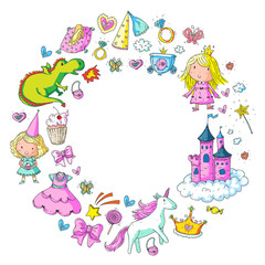 Obraz na płótnie Canvas Cute princess Icons set with unicorn, dragon Girl wallpaper Baby shower Invitation Kindergarten, preschool, nursery, birthday, school party