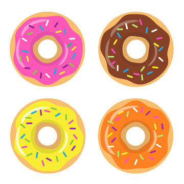 Colorful glazed donut set on white background. Chocolate, strawberry, lemon and orange donuts. The view from the top. Vector illustration