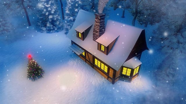 Aerial view of cozy rural house with smoking chimney and outdoor decorated Xmas tree at snowfall winter night. 3D animation for Christmas or New Year holidays in cinemagraph style rendered in 4K