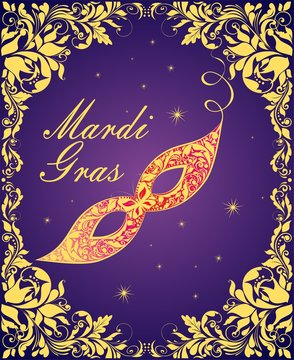 Violet greeting card with ornate golden mask Mardi Gras and floral golden vintage frame. Vector illustration