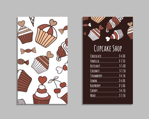 Chocolate cake, candy, ice cream doodle card set. Brown and beige colored decorative brochure template with hand-drawn sweets. Cookery design flyer. Culinary concept vector background. EPS 10