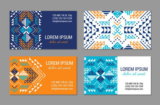 Aztec style colorful business card set. American indian ornamental pattern design. Ornate blank with ethnic motifs. Tribal decorative template. EPS 10 vector concept. 