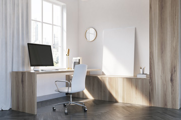 White and wooden home office corner, poster