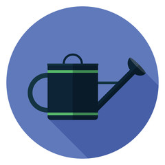 Watering can icon. Illustration in flat style. Round icon with long shadow.