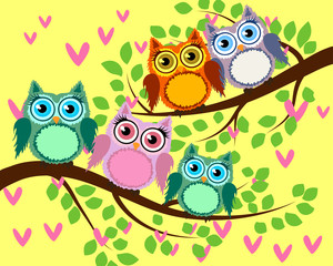 Obraz premium Bright cute cartoon owls sit on the flowering branches of fantastic trees