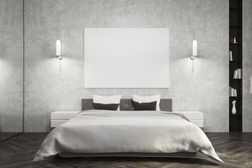 Gray bedroom, white bed, poster
