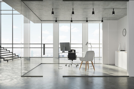 White and glass office lobby, stairs