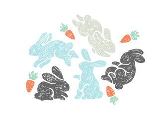 Vector hand drawn illustration with cute bunnies and carrots. Small rabbits in sketch style for baby design