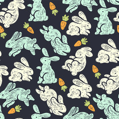 Materiał do szycia Vector seamless pattern with cute bunnies and carrots. Hand drawn texture with small rabbits playing on meadow