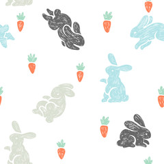 Materiał do szycia Vector seamless pattern with cute bunnies and carrots. Baby texture with small rabbits in sketch style isolated on white