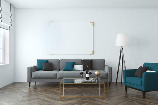 White wall living room, sofa, poster