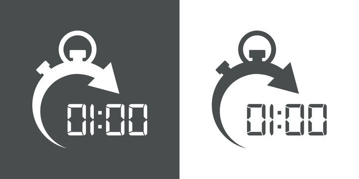 Icono plano cronometro 01:00 gris y blanco
