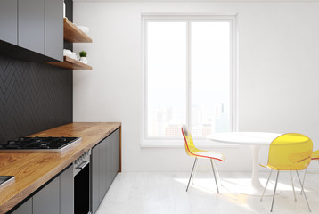 Fototapeta na wymiar Gray wooden kitchen, yellow chairs, side