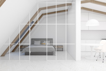 Attic bedroom, gray bed