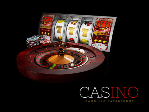 Casino Roulette Wheel with silver slot machine and casino chips. isolated black, 3D Rendering