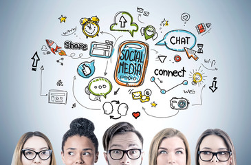 Diverse business team members heads, social media