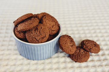 Dark brown chocolate chip cookies in little blue bowl, sweet food