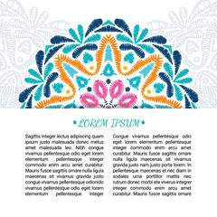 Colorful ornate embroidery style mandala card. Ornamental blank with ethnic motifs. Oriental graphic design concept. Paper brochure template. EPS 10 vector illustration. Clipping mask.