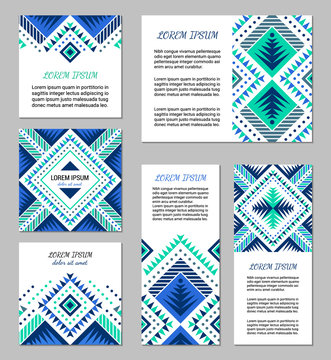 Aztec style colorful flyer set. American indian pattern design. Ornamental collection with ethnic motifs. Tribal decorative template. EPS 10 vector concept.