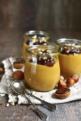 Caramel hazelnut pudding with chocolate.