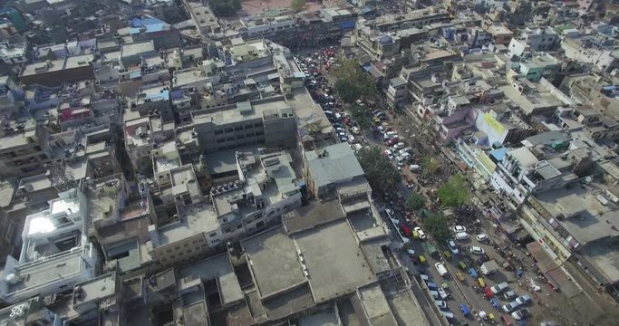 Crowded city streets in India, aerial