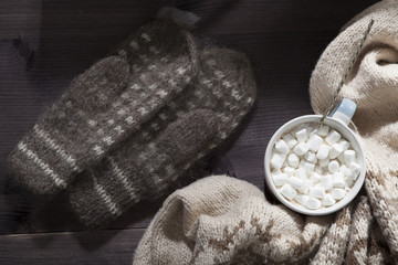 the cup with marshmallow on the dark wooden background