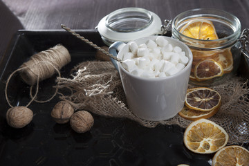 cup with marshmallow with Christmas decorations