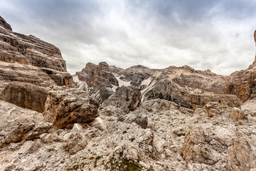 Fototapeta premium Giant boulders expanse named Masarè, in front of Travenanzes Valley. The boulders was transported by ancient glacier and was theater of fierce fighting in 1915 - 16. Dolomites, Italy