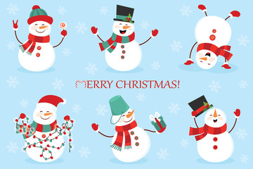 Set of winter holidays snowman. Cheerful snowmen in different costumes. Snowman chef, magician, snowman with candy and gifts