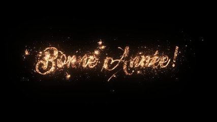Happy New Year greeting text in French with particles and sparks on black background, beautiful typography magic design.