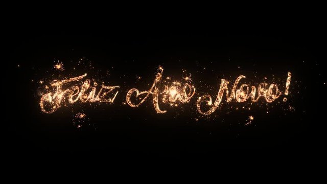 Happy New Year greeting text in Portugal with particles and sparks on black background, beautiful typography magic design.