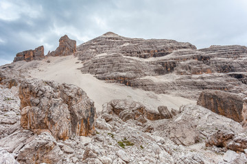 Giant boulders expanse named Masarè,  at the foots of Tofana di Rozes Peak. The boulders was transported by ancient glacier and was theater of fierce fighting in 1915 - 16. Dolomites, Italy