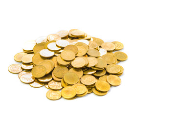 Columns of gold coins, piles of coins on white background