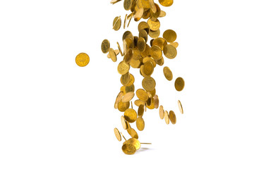 Falling gold coins money isolated on the white background, business concept.