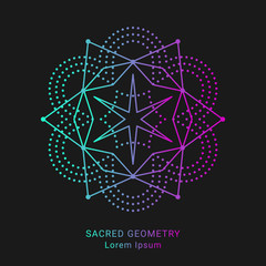 Sacred geometry style symbol. Sacral geometric outline sign. Line art gradient colorful elements. EPS 10 linear design vector illustration.
