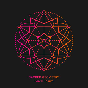 Sacred geometry style symbol. Sacral geometric outline sign. Line art gradient colorful elements. EPS 10 linear design vector illustration.