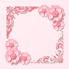 Beautiful vintage square frame with 3d pink paper cut out flowers. Vector illustration