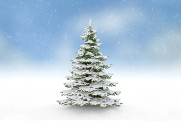 Christmas tree and falling snow blue sky background