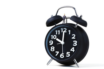 Figure miniature businessman or small people standing with alarm clock, time for business financial concept.