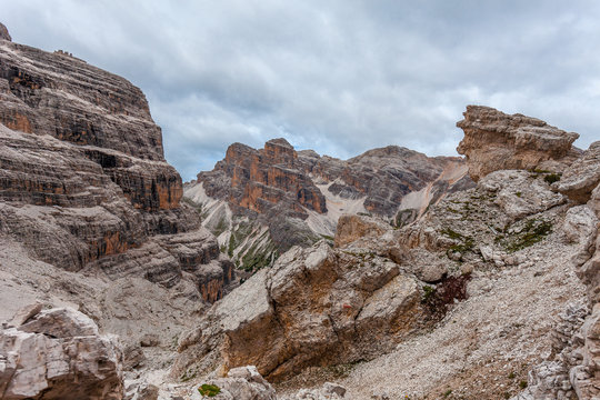  Torri Fanis Peaks panorama from giant boulders expanse named Masar&egrave;. The boulders was transported by ancient glacier and was theater of fierce fighting in 1915 - 16. Dolomites, Italy