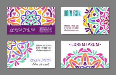Embroidery style colorful mandala visiting card set. Bright floral ornamental blanks. EPS 10 vector concept illustration. Clipping masks.