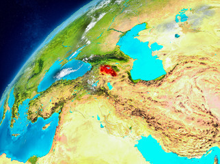 Space view of Armenia in red